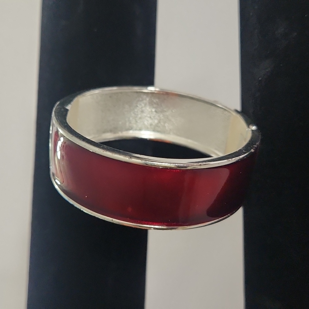 Silver & Deep Red Merlot Enamel Hinge Bangle Bracelet – Modern Statement Cuff - Picture 4 of 8